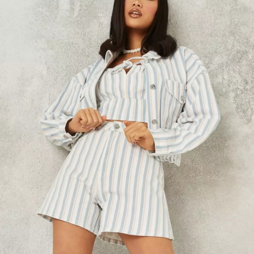 Blue Co Ord Stripe Cropped Denim Jacket